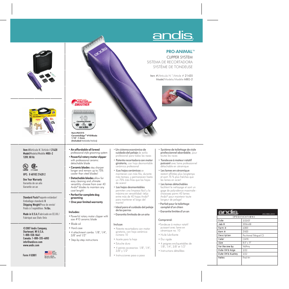 Andis Company Pro-Animal MBG-2 User Manual | 1 page