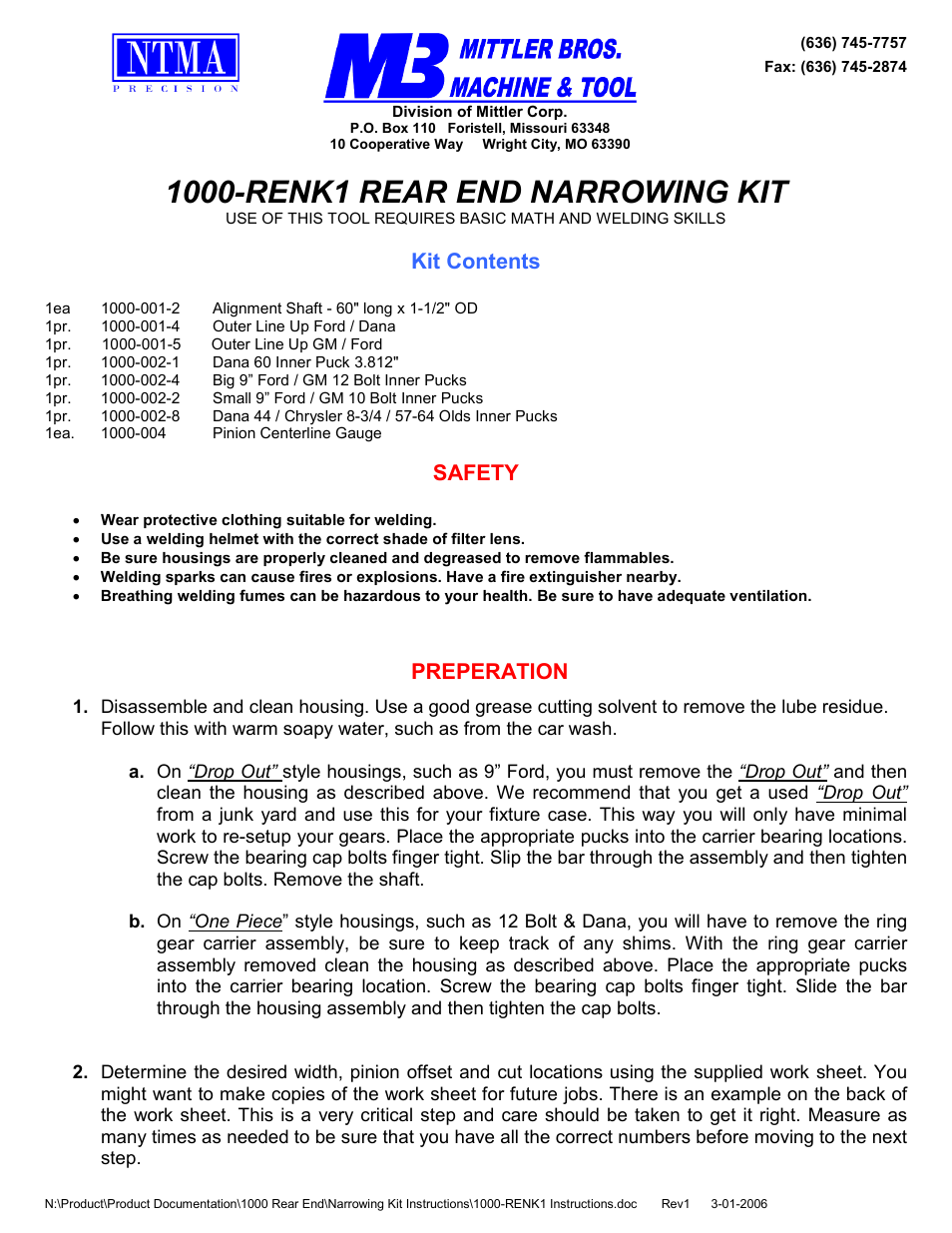 Mittler Bros Machine & Tool 1000-RENK1 REAR END NARROWING KIT User Manual | 8 pages