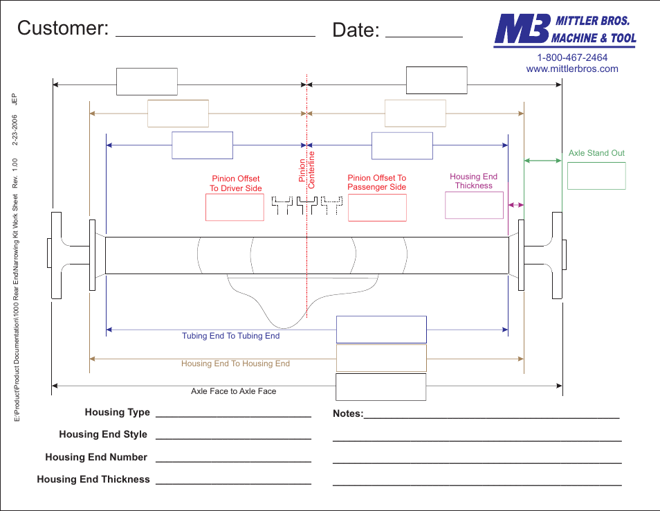 Narrowing kit work sheet, Customer: date | Mittler Bros Machine & Tool 1000-RENK1 REAR END NARROWING KIT User Manual | Page 7 / 8
