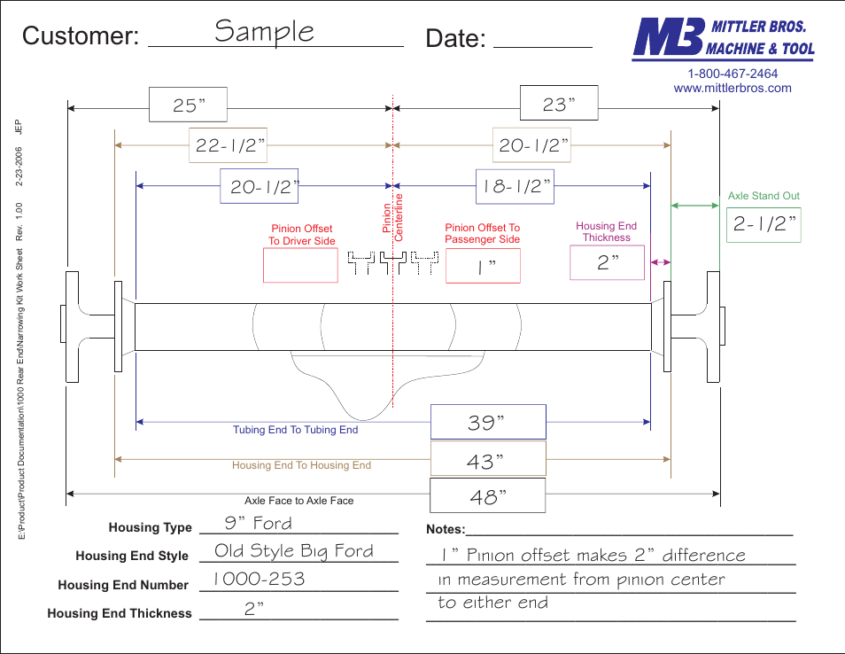 Sample, Customer: date | Mittler Bros Machine & Tool 1000-RENK1 REAR END NARROWING KIT User Manual | Page 8 / 8