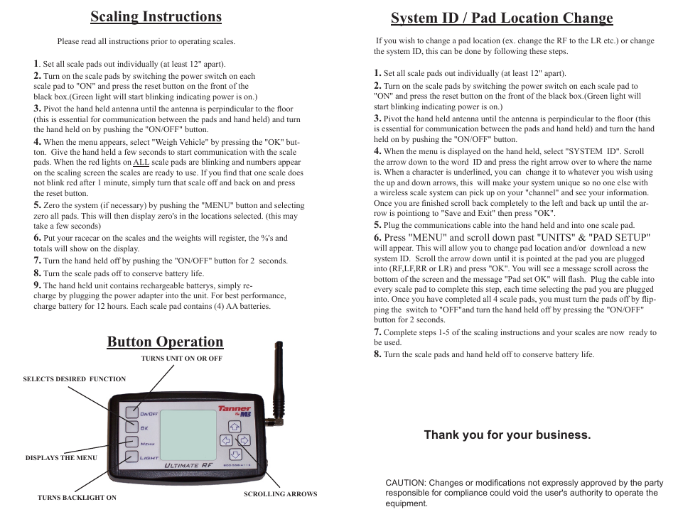 Button operation scaling instructions, System id / pad location change | Mittler Bros Machine & Tool 50220-OLD User Manual | Page 2 / 2