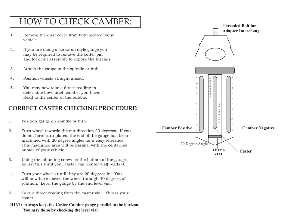 How to check camber, Correct caster checking procedure | Mittler Bros Machine & Tool 57400 Caster Camber User Manual | Page 2 / 2