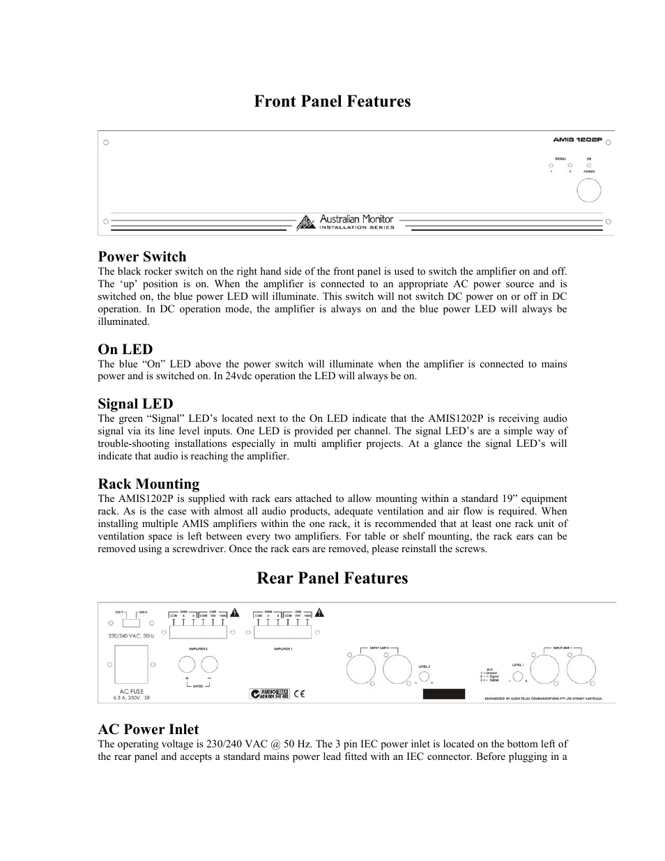 Front panel features, Rear panel features | Australian Monitor AMIS1202P User Manual | Page 2 / 5