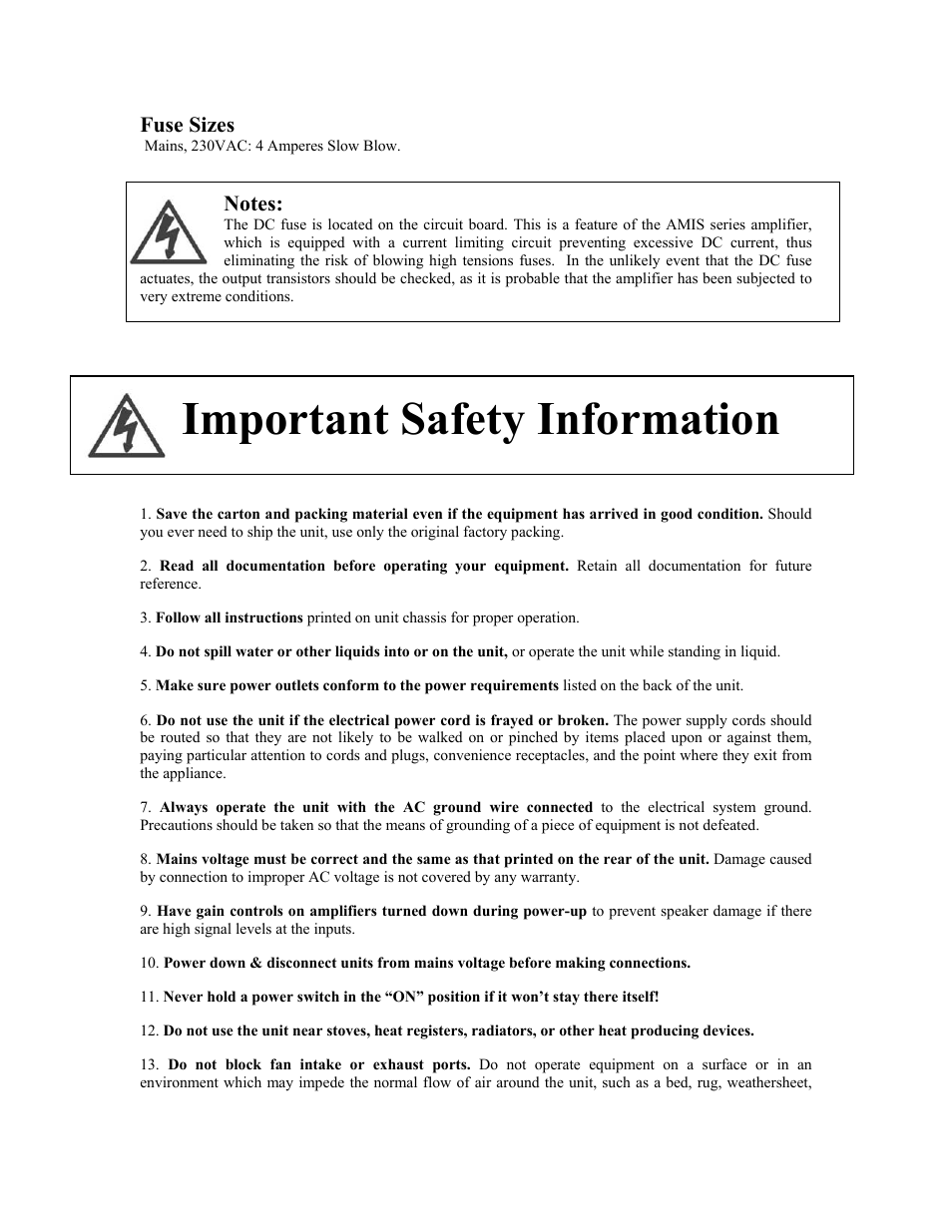 Important safety information, Fuse sizes | Australian Monitor AMIS1202P User Manual | Page 4 / 5