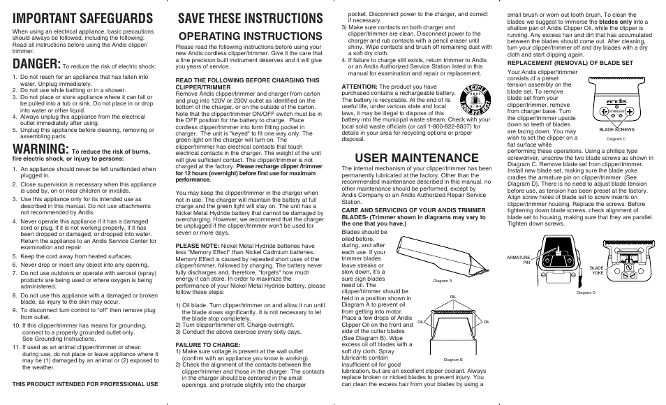 Andis Company clipper/ trimmer User Manual | 2 pages