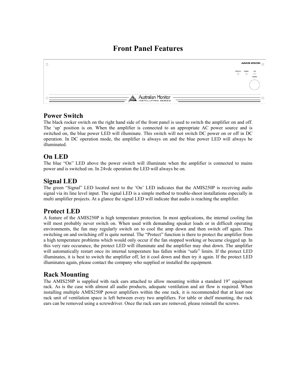 Front panel features | Australian Monitor AMIS250P User Manual | Page 2 / 5