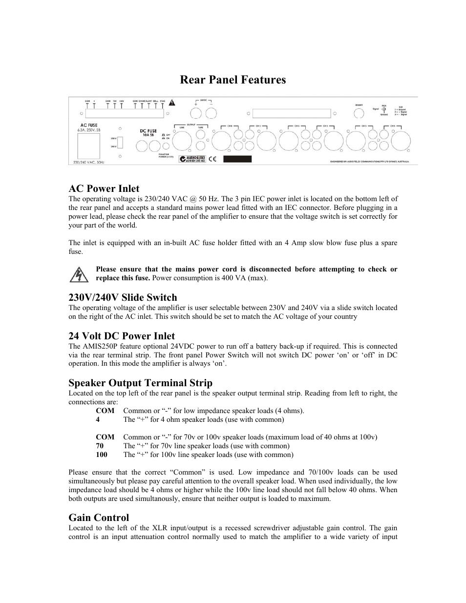 Rear panel features, Ac power inlet, 24 volt dc power inlet | Speaker output terminal strip, Gain control | Australian Monitor AMIS250P User Manual | Page 3 / 5