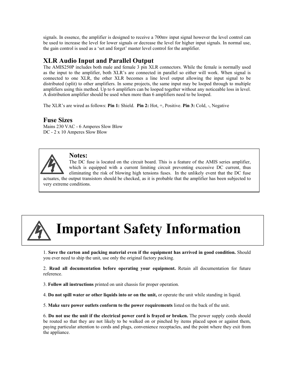 Important safety information, Xlr audio input and parallel output, Fuse sizes | Australian Monitor AMIS250P User Manual | Page 4 / 5