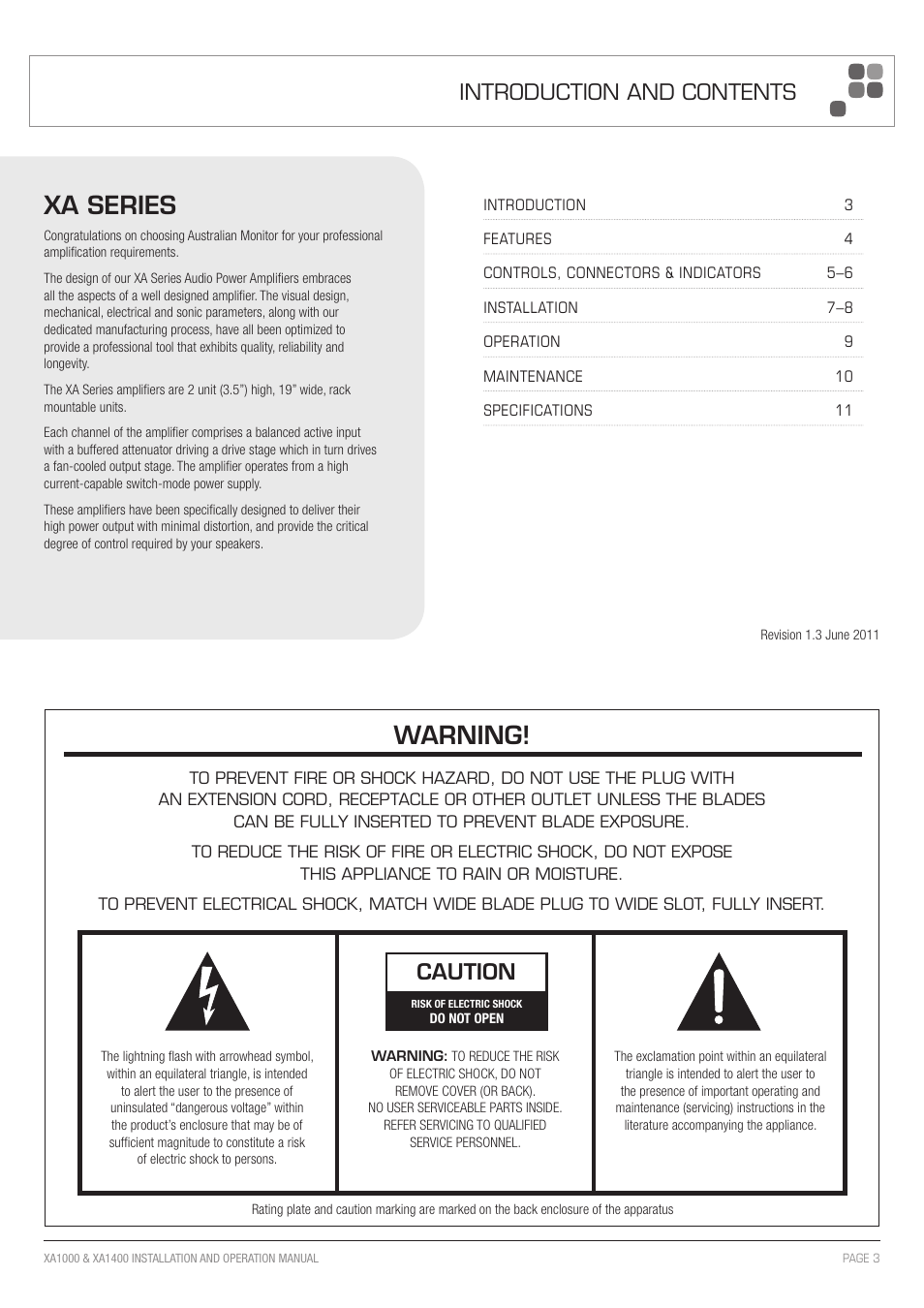 Xa series, Warning, Caution | Introduction and contents | Australian Monitor XA1400 User Manual | Page 3 / 12