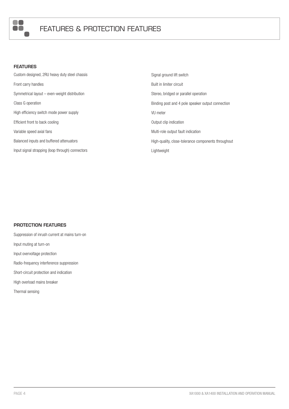 Features & protection features | Australian Monitor XA1400 User Manual | Page 4 / 12