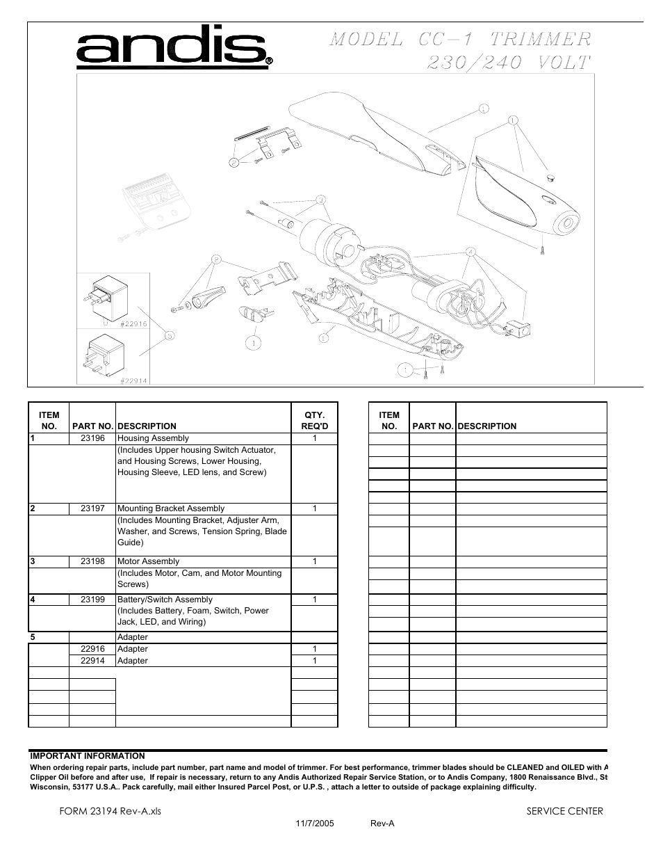 Andis Company CC-1 User Manual | 2 pages