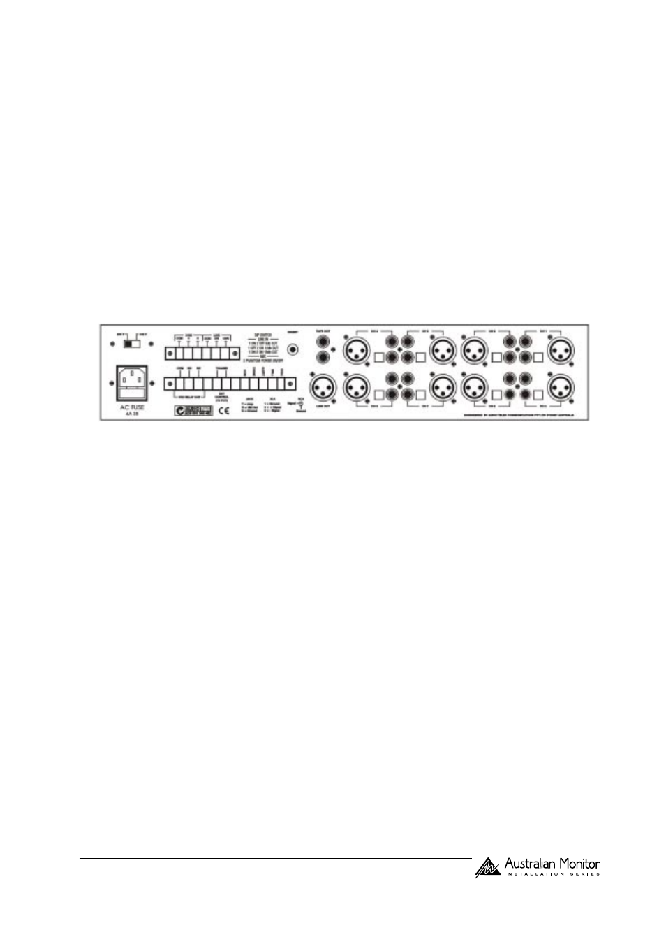 Rear panel features, Ac power inlet, Speaker output terminal strip | Power switch and “on” led, Signal led, Rack mounting | Australian Monitor ACM120XL User Manual | Page 3 / 8