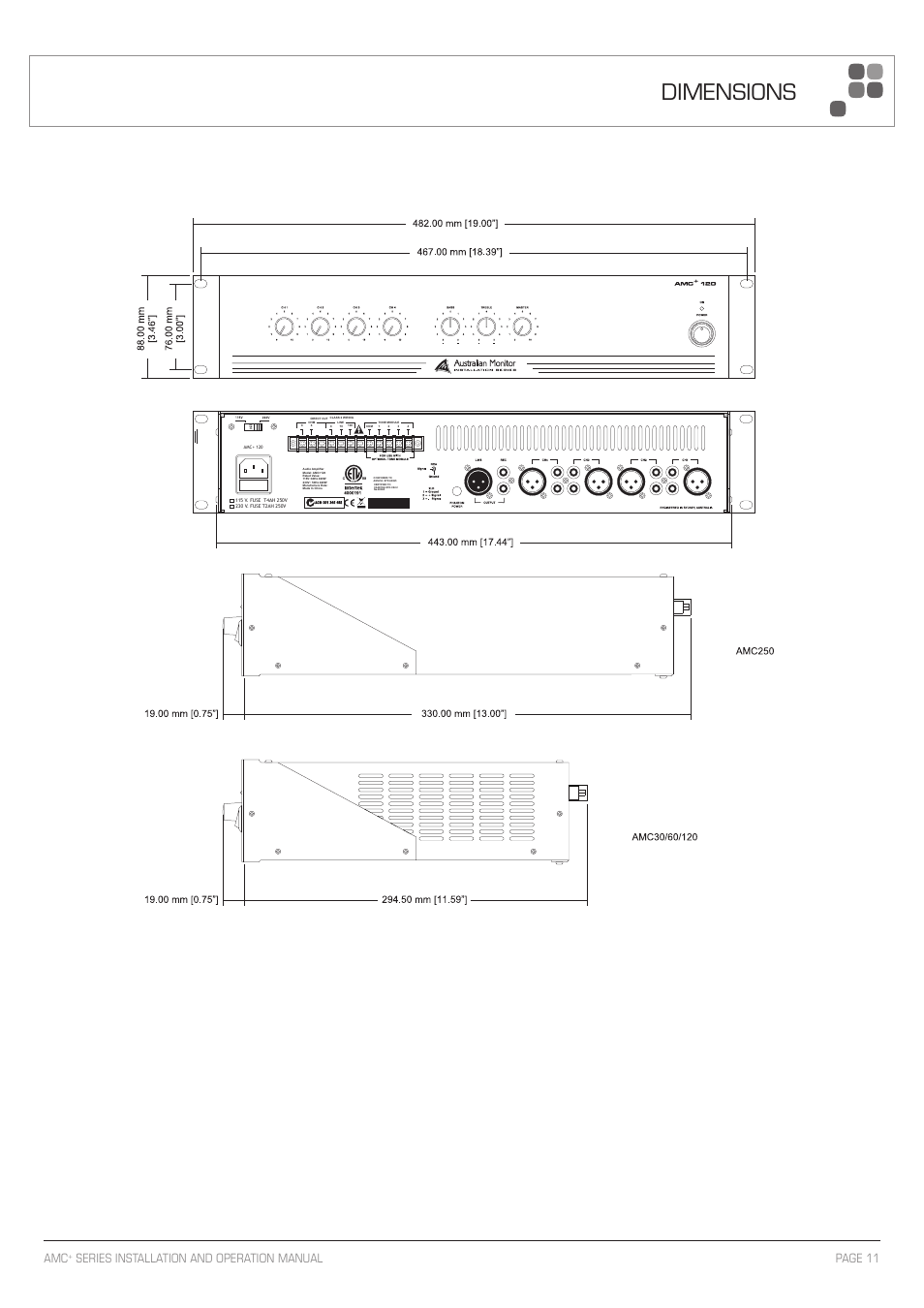 Dimensions, Hot surface! don’t touch here, Page 11 amc | Series installation and operation manual | Australian Monitor AMC+60 User Manual | Page 11 / 16