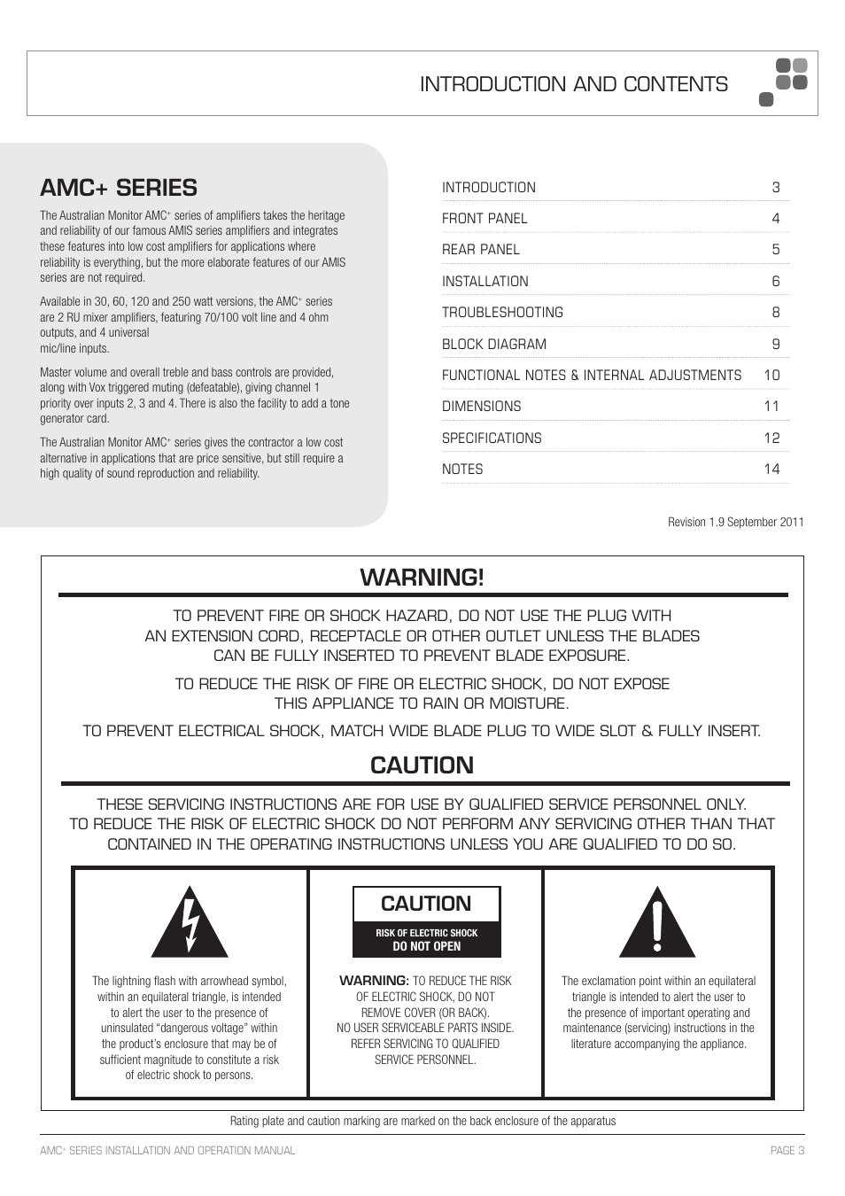 Amc+ series, Warning, Caution | Introduction and contents | Australian Monitor AMC+60 User Manual | Page 3 / 16