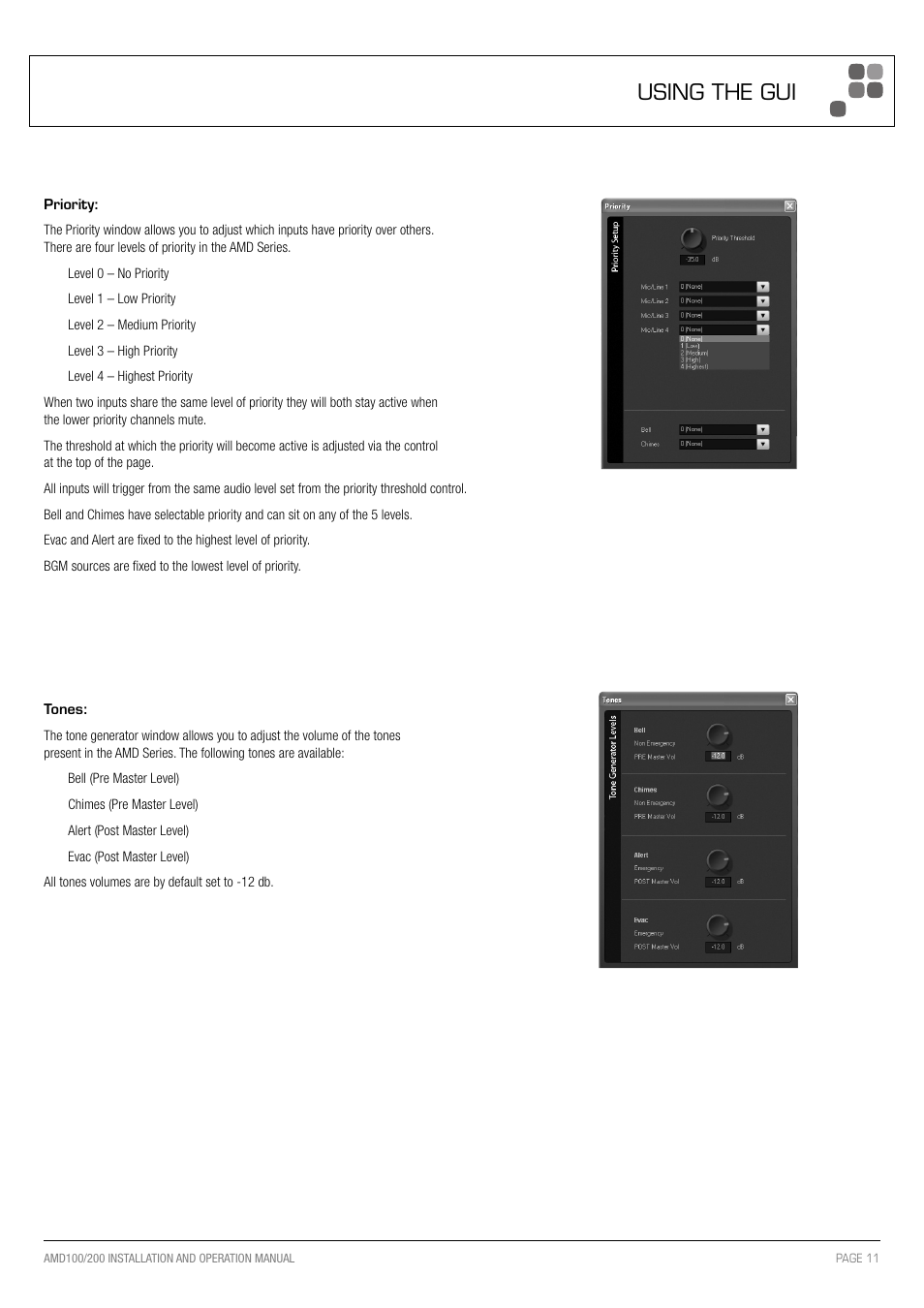 Using the gui | Australian Monitor AMD200 User Manual | Page 11 / 20