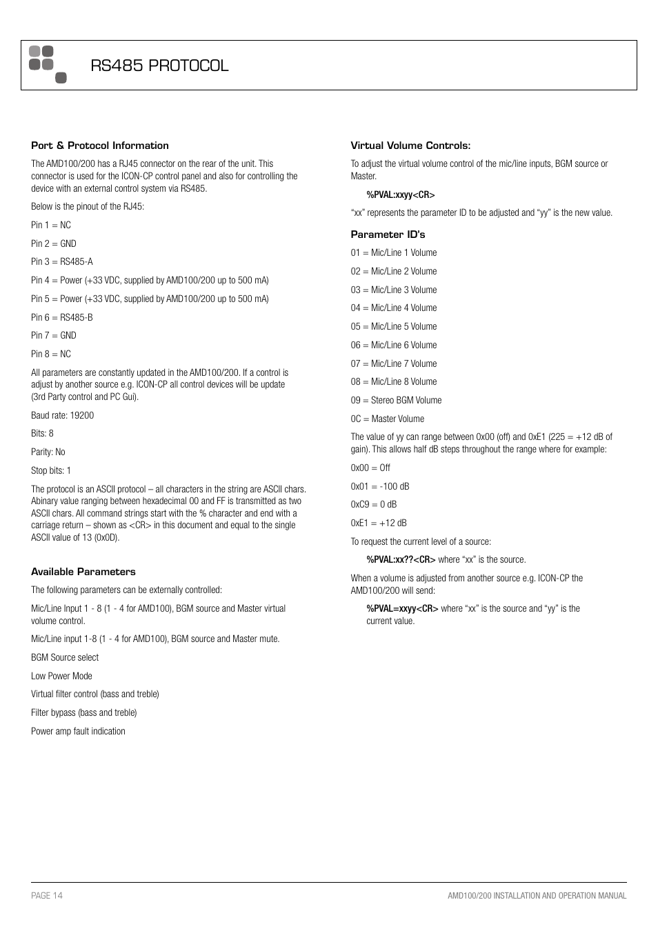 Rs485 protocol | Australian Monitor AMD200 User Manual | Page 14 / 20