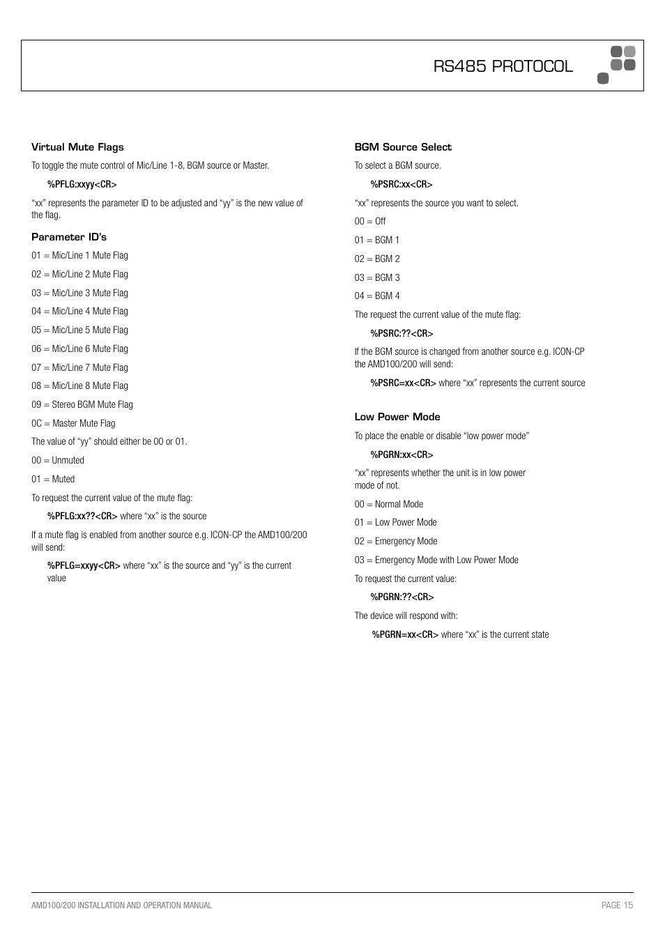 Rs485 protocol | Australian Monitor AMD200 User Manual | Page 15 / 20