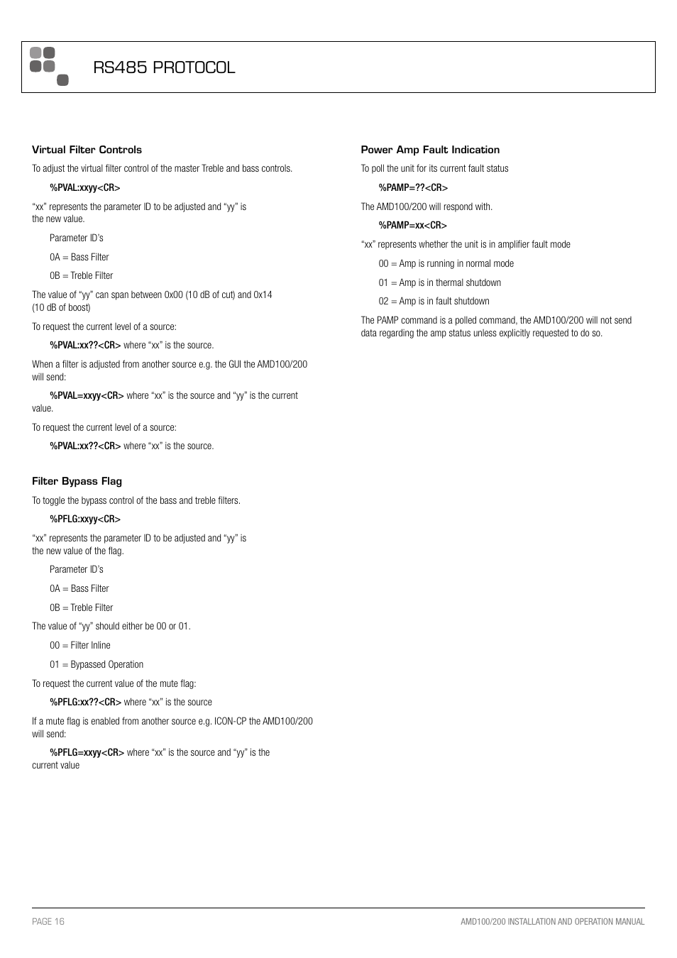 Rs485 protocol | Australian Monitor AMD200 User Manual | Page 16 / 20