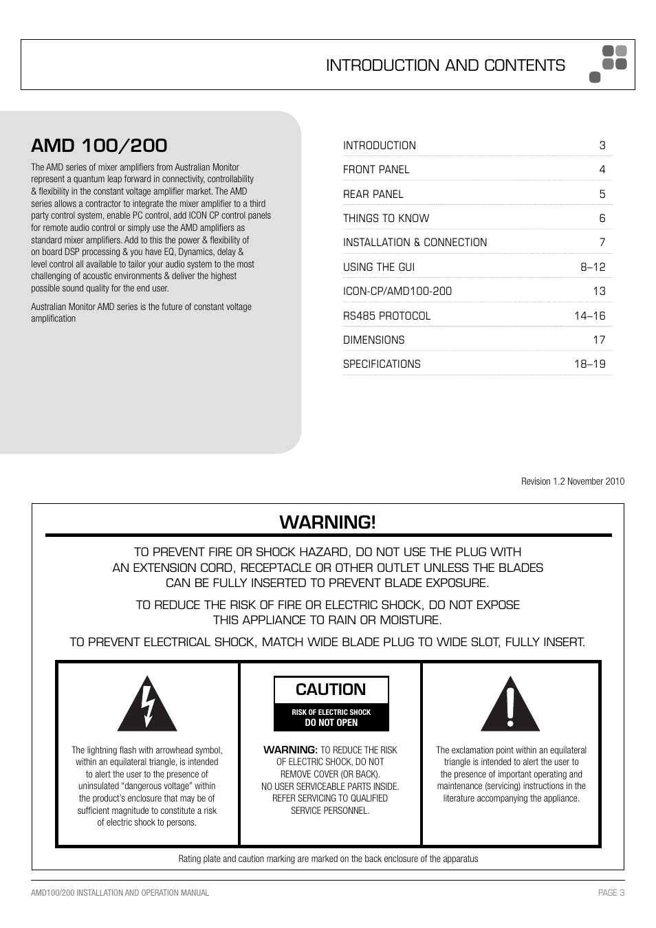 Warning, Caution, Introduction and contents | Australian Monitor AMD200 User Manual | Page 3 / 20