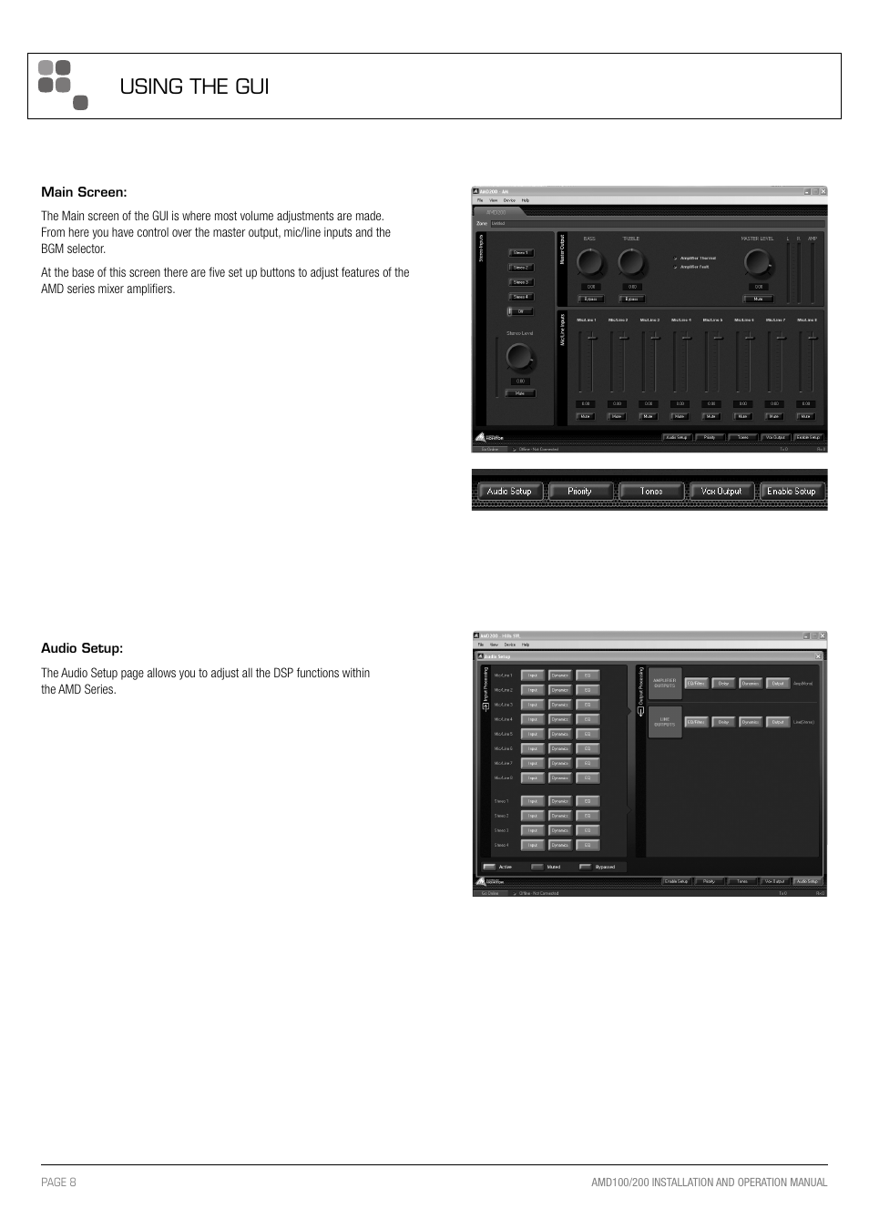 Using the gui | Australian Monitor AMD200 User Manual | Page 8 / 20