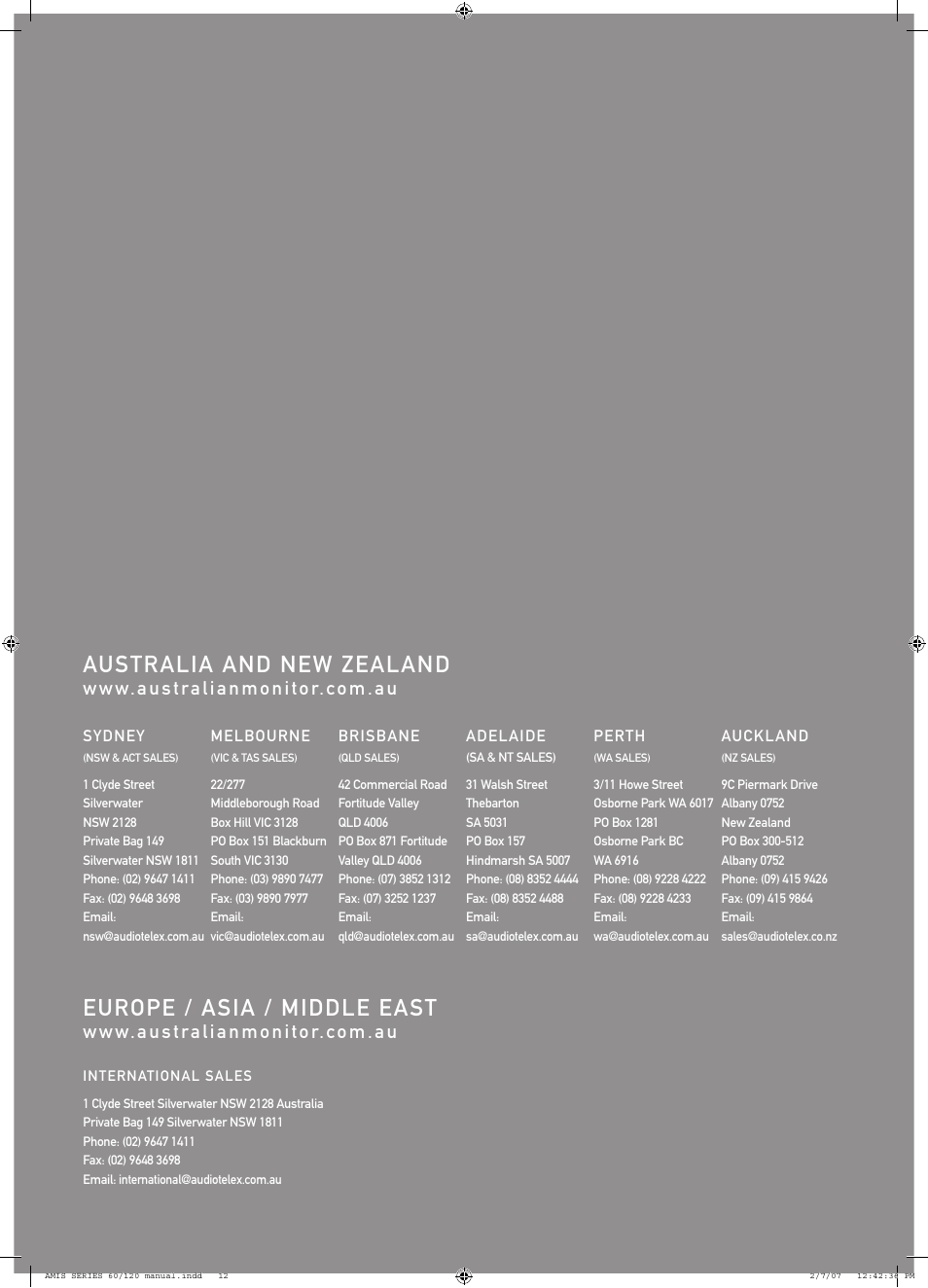 Australia and new zealand, Europe / asia / middle east | Australian Monitor AMIS120 User Manual | Page 12 / 12