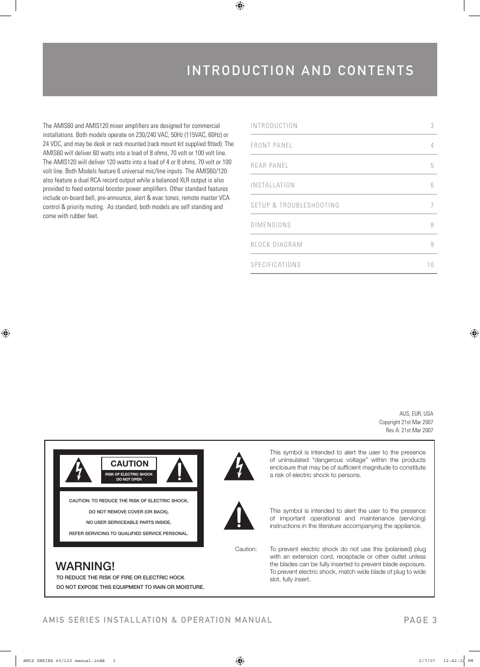 Warning, Pag e 3, Caution | Australian Monitor AMIS120 User Manual | Page 3 / 12