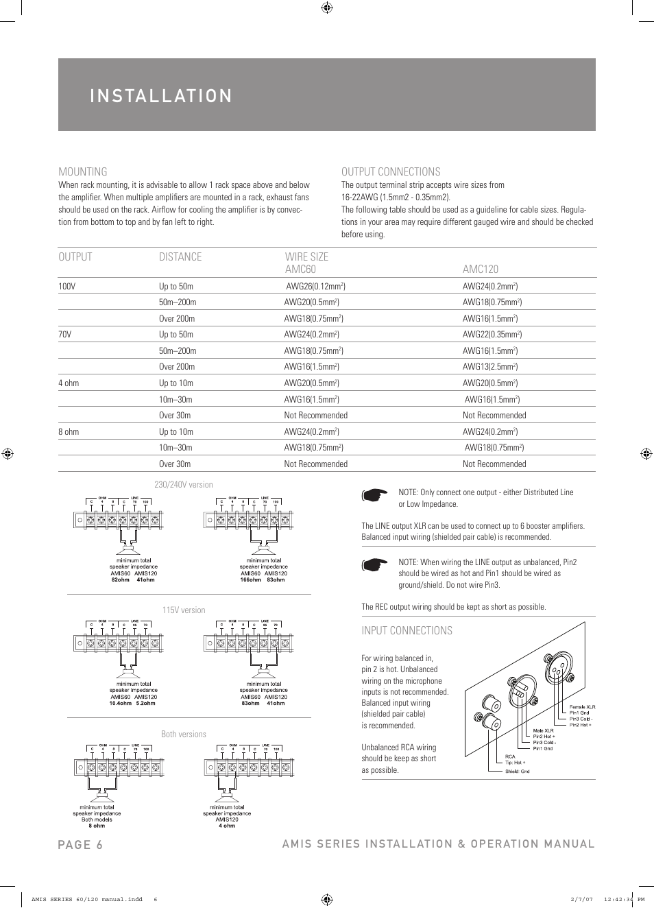I n s ta l l at i o n, Pag e 6, Output connections | Input connections | Australian Monitor AMIS120 User Manual | Page 6 / 12