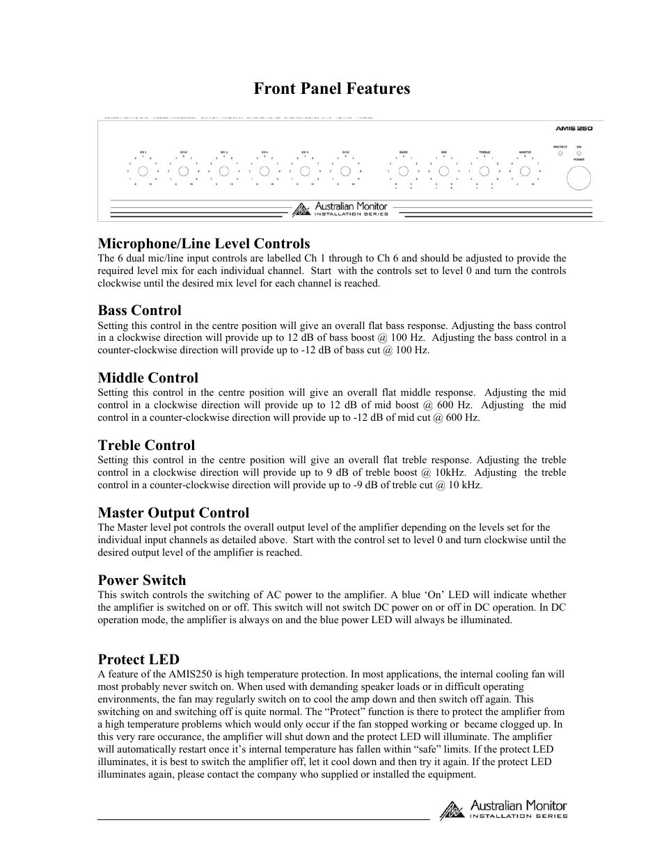 Front panel features | Australian Monitor AMIS250 User Manual | Page 2 / 7