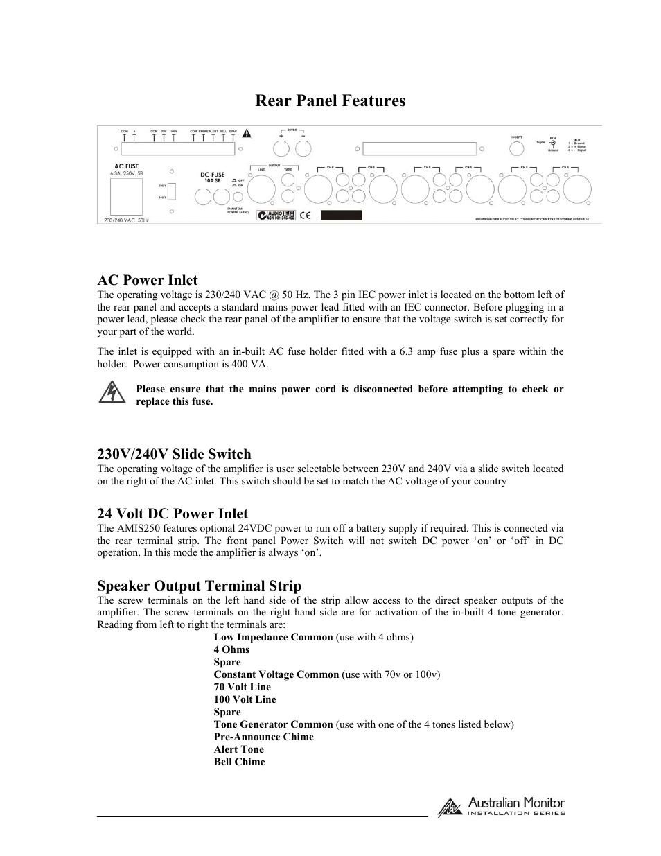 Rear panel features, Ac power inlet, 24 volt dc power inlet | Speaker output terminal strip | Australian Monitor AMIS250 User Manual | Page 3 / 7