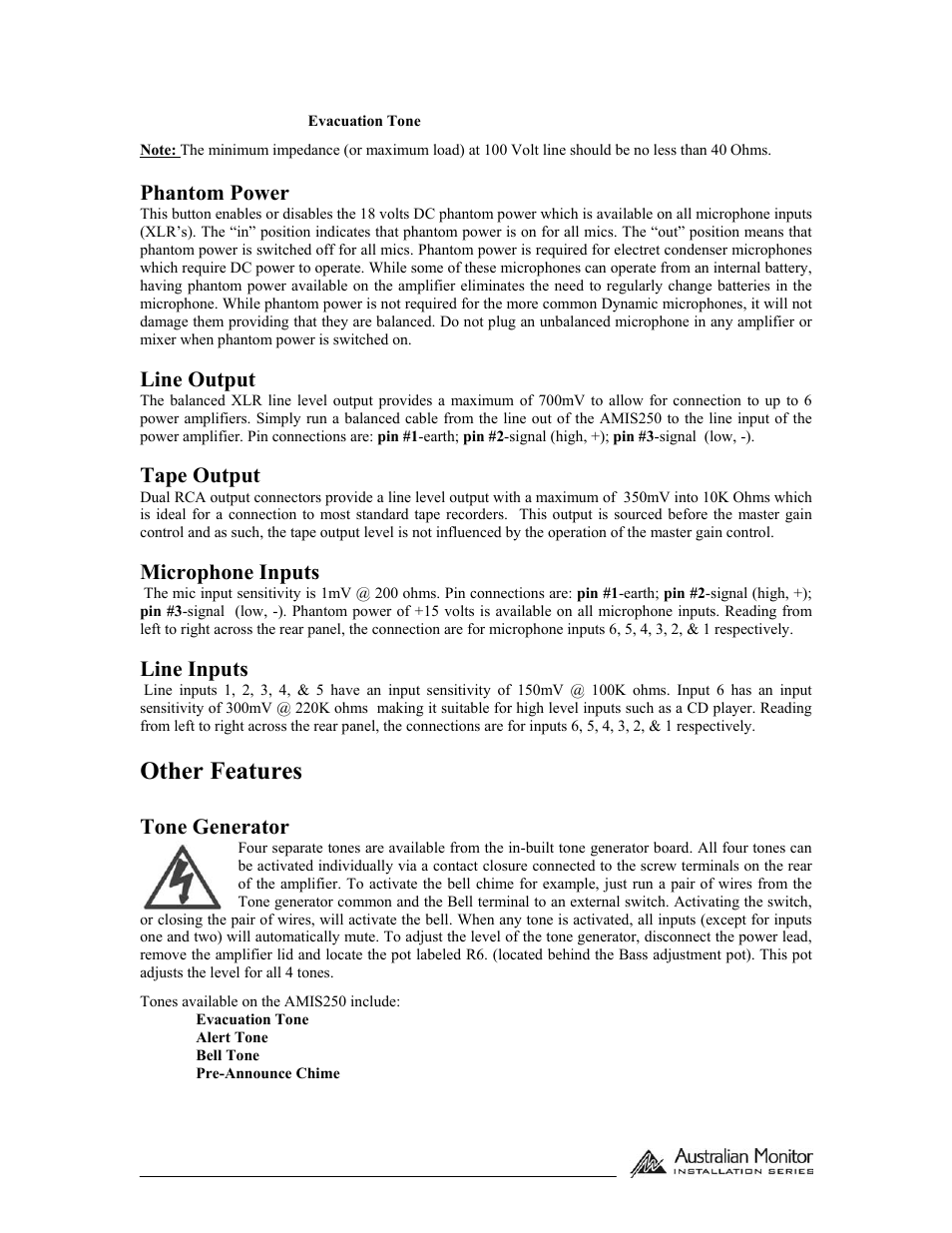 Other features, Phantom power, Line output | Tape output, Microphone inputs, Line inputs, Tone generator | Australian Monitor AMIS250 User Manual | Page 4 / 7