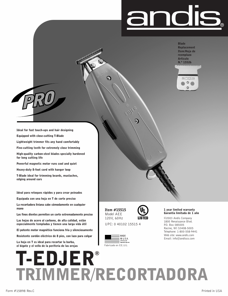 T-edjer, Trimmer/recortadora, Andis | Andis Company T-Edjer AEE User Manual | Page 2 / 2