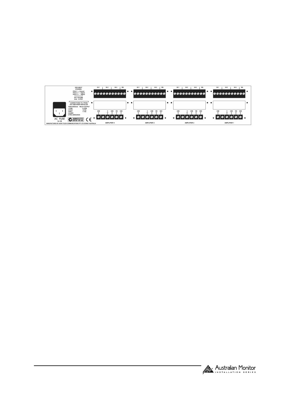 Rear panel features, Ac power inlet, Mic/line input terminal strip | Vca remote master level control, Speaker output terminal strip, Rack mounting | Australian Monitor ACM604P User Manual | Page 3 / 6