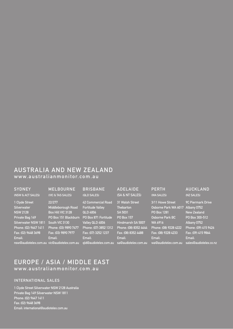 Australia and new zealand, Europe / asia / middle east | Australian Monitor AV2.4P User Manual | Page 12 / 12