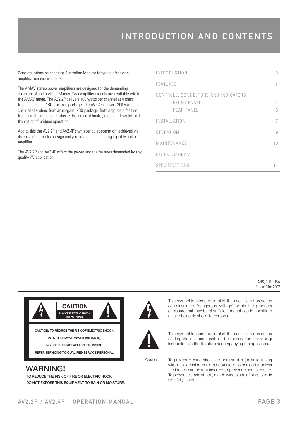 Warning, Pa g e 3 | Australian Monitor AV2.4P User Manual | Page 3 / 12
