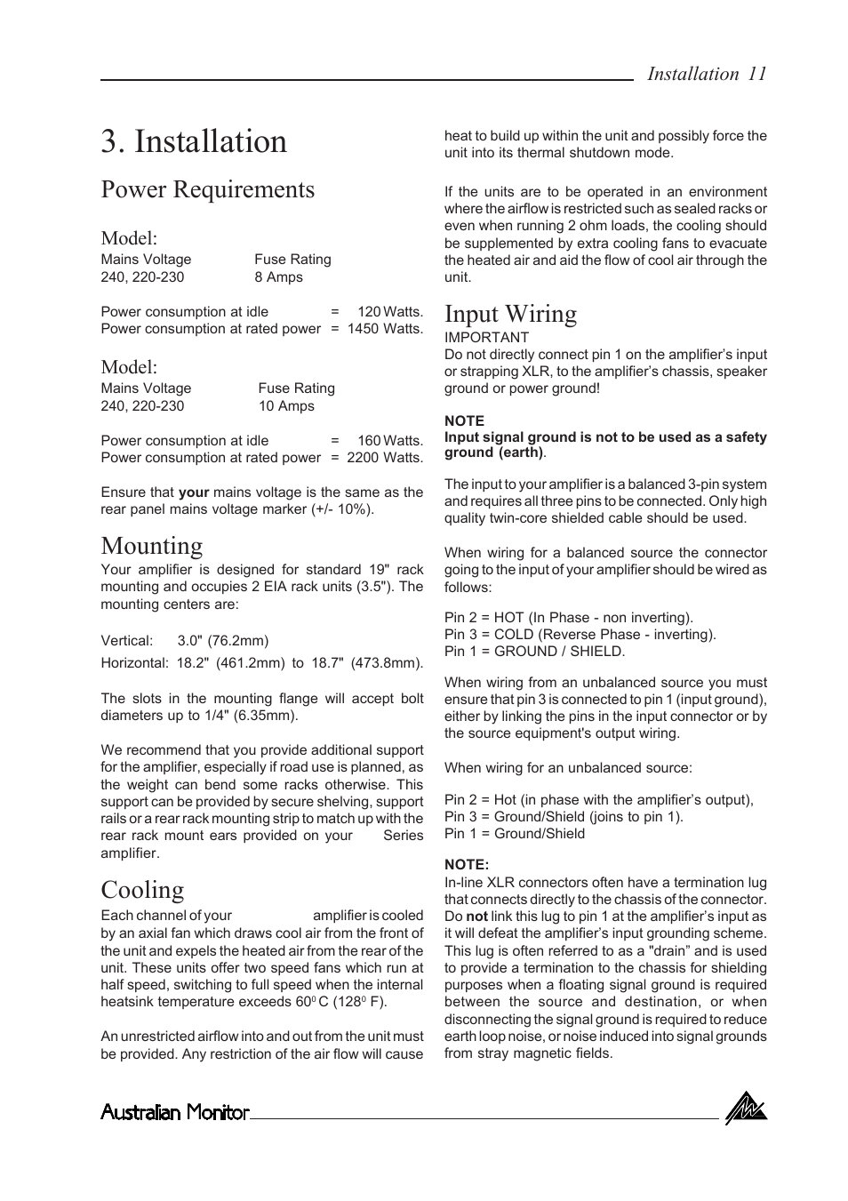 Installation, Power requirements, Ka800 | Ka1200, Mounting, Cooling, Input wiring | Australian Monitor KA800 User Manual | Page 11 / 20