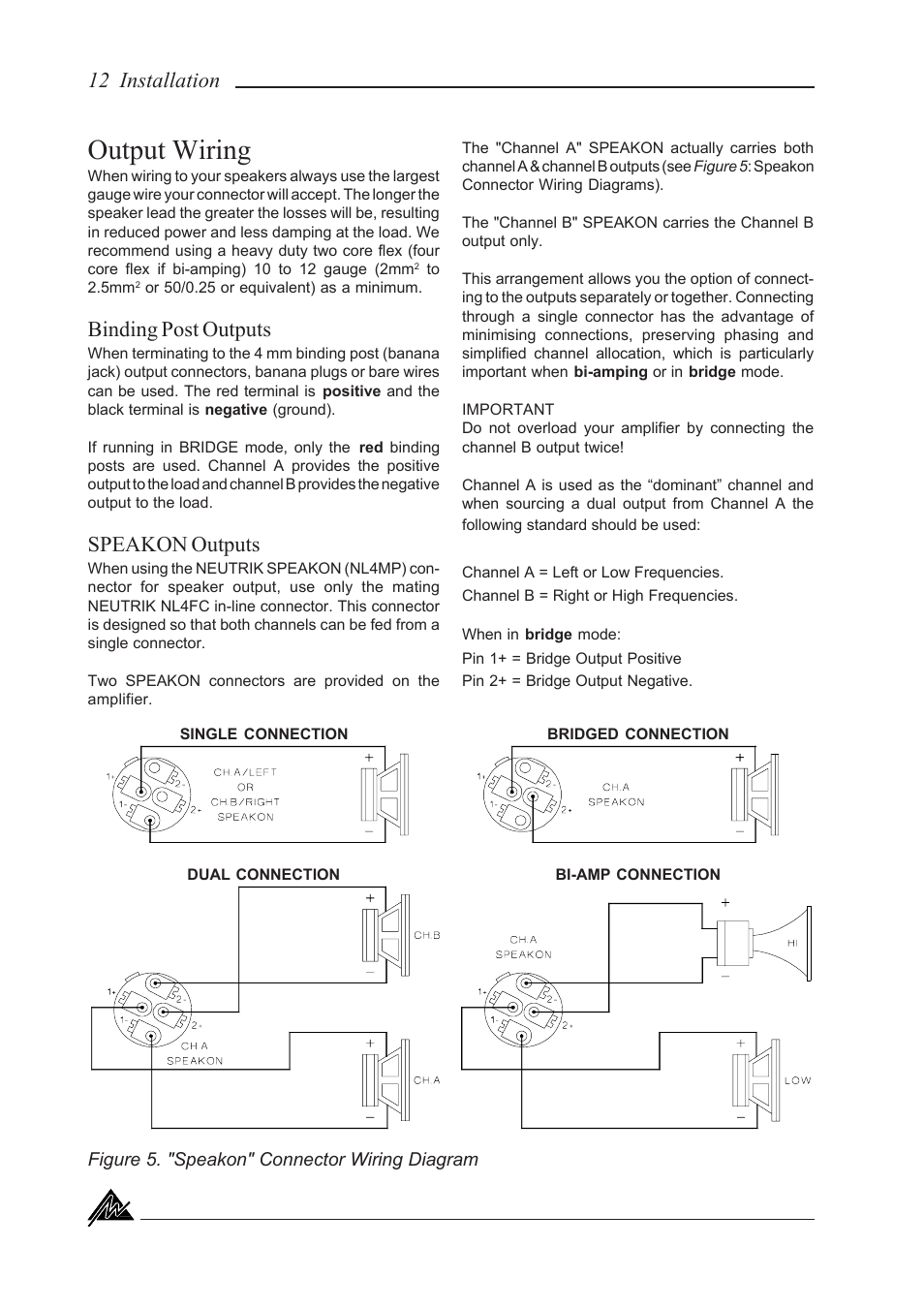 Output wiring, Binding post outputs, Speakon outputs | 12 installation | Australian Monitor KA800 User Manual | Page 12 / 20