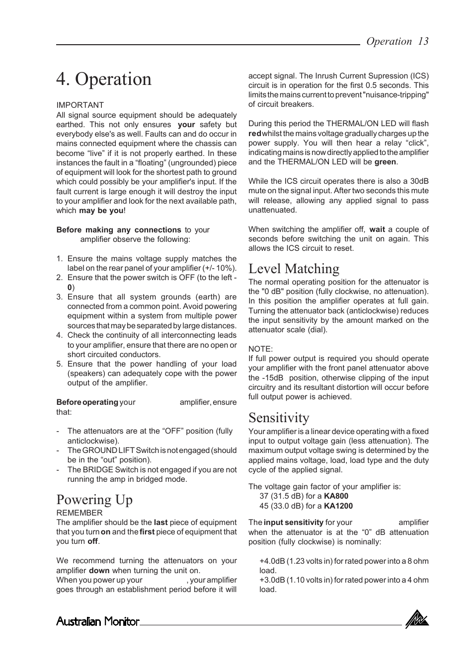 Operation, Powering up, Level matching | Sensitivity, Operation 13 | Australian Monitor KA800 User Manual | Page 13 / 20