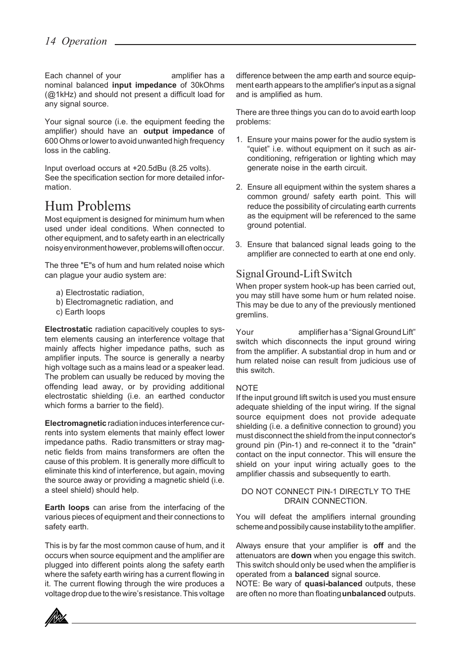 Hum problems, Signal ground-lift switch, 14 operation | Australian Monitor KA800 User Manual | Page 14 / 20