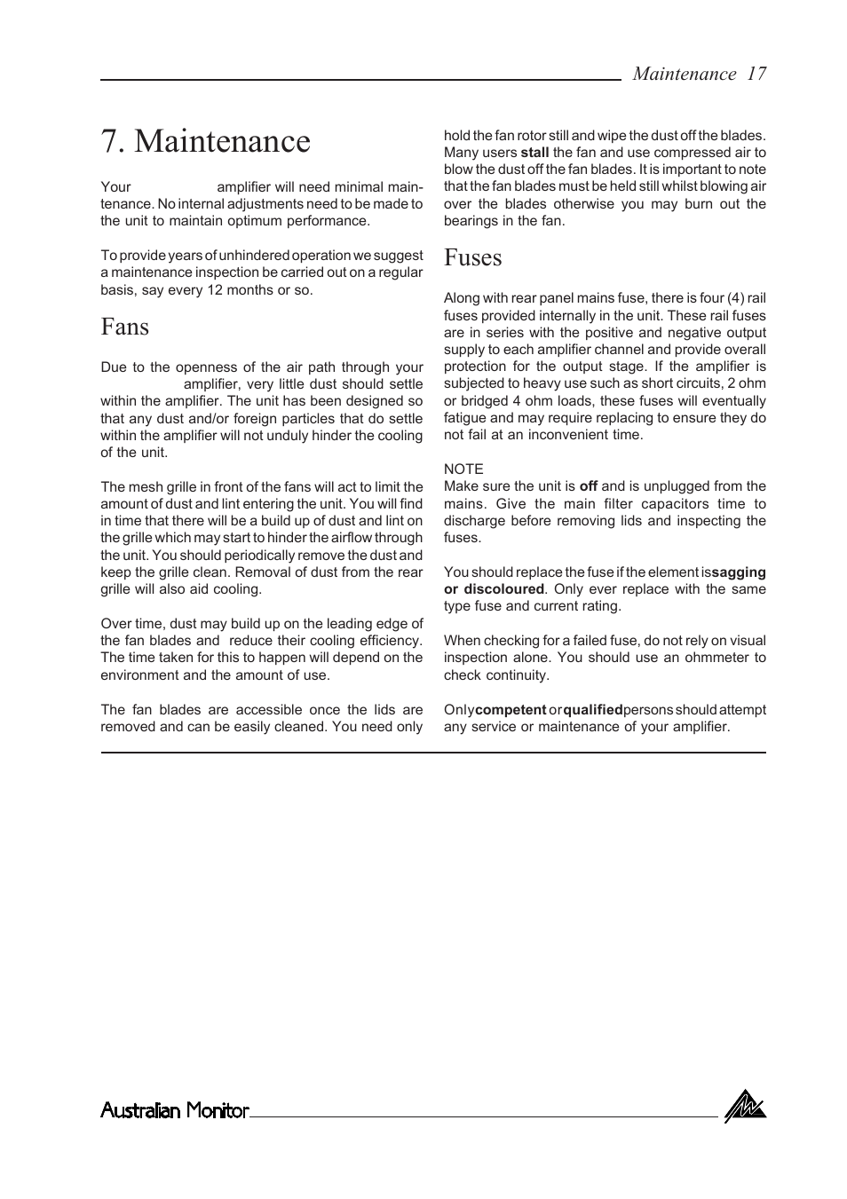 Maintenance, Fans, Fuses | Australian Monitor KA800 User Manual | Page 17 / 20