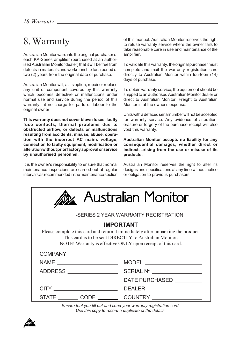 Warranty | Australian Monitor KA800 User Manual | Page 18 / 20