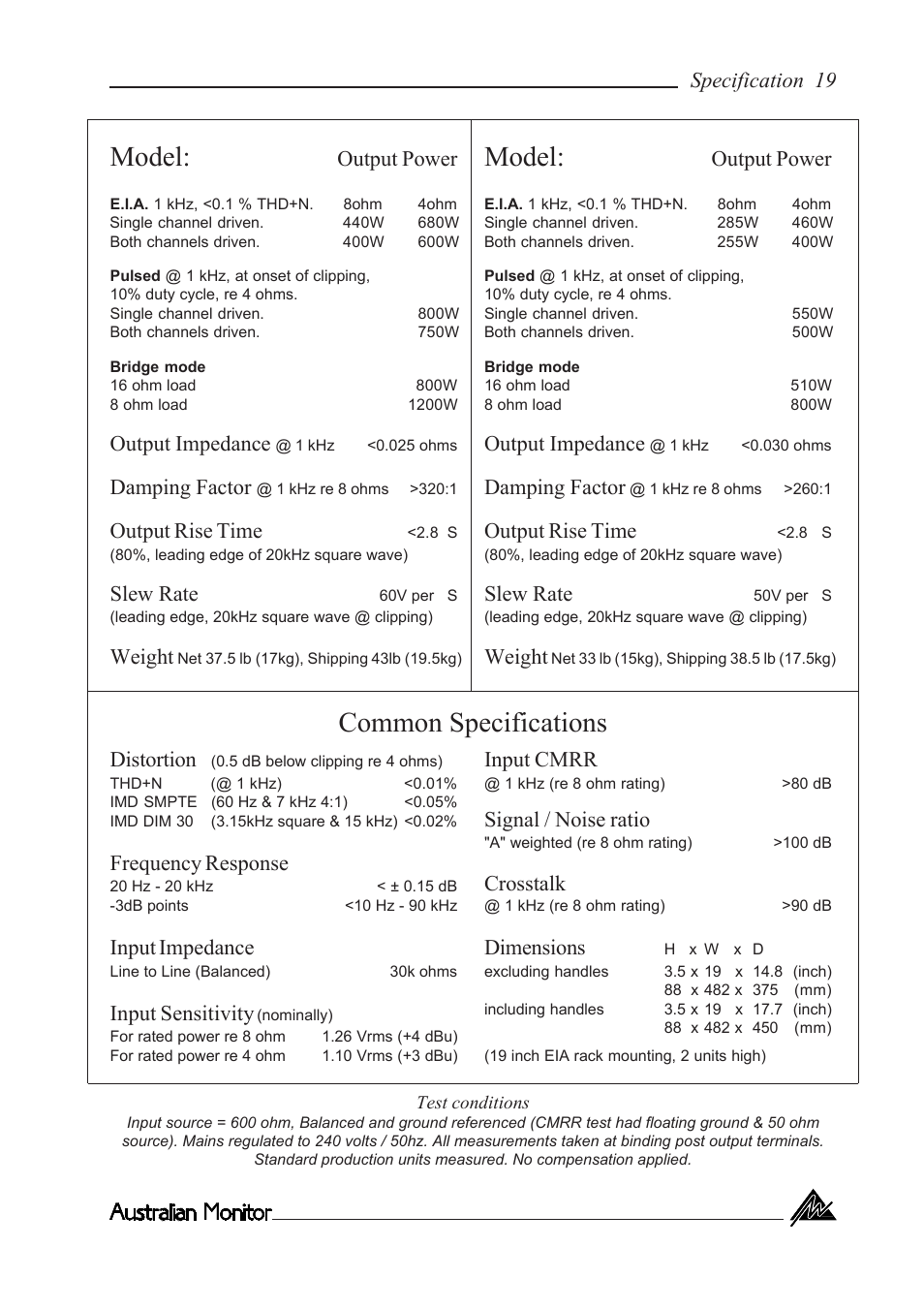 Ka1200, Ka800, Model | Common specifications | Australian Monitor KA800 User Manual | Page 19 / 20