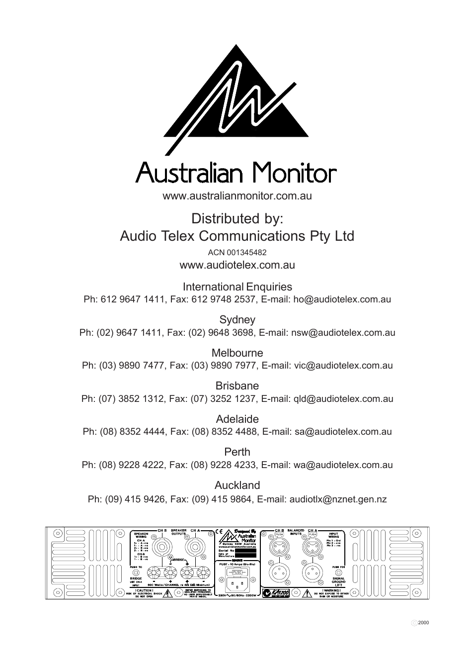Distributed by: audio telex communications pty ltd | Australian Monitor KA800 User Manual | Page 20 / 20
