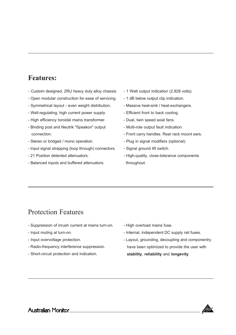 Features, Protection features | Australian Monitor KA800 User Manual | Page 3 / 20
