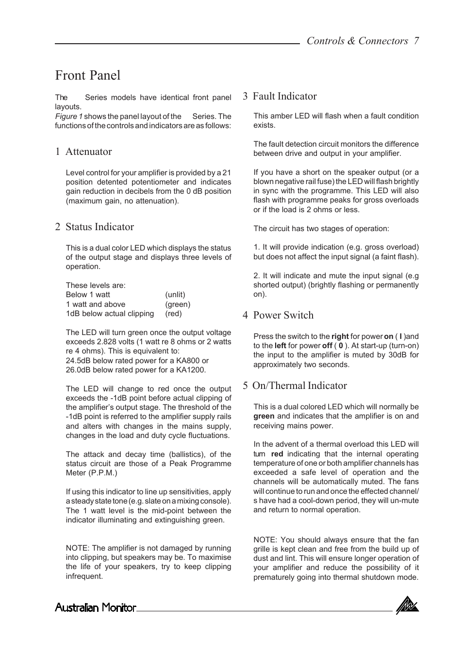 Front panel, 1 attenuator, 2 status indicator | 3 fault indicator, 4 power switch, 5 on/thermal indicator, Controls & connectors 7 | Australian Monitor KA800 User Manual | Page 7 / 20