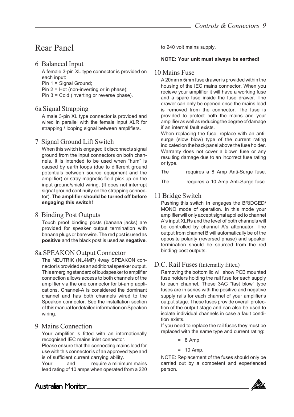 Rear panel | Australian Monitor KA800 User Manual | Page 9 / 20