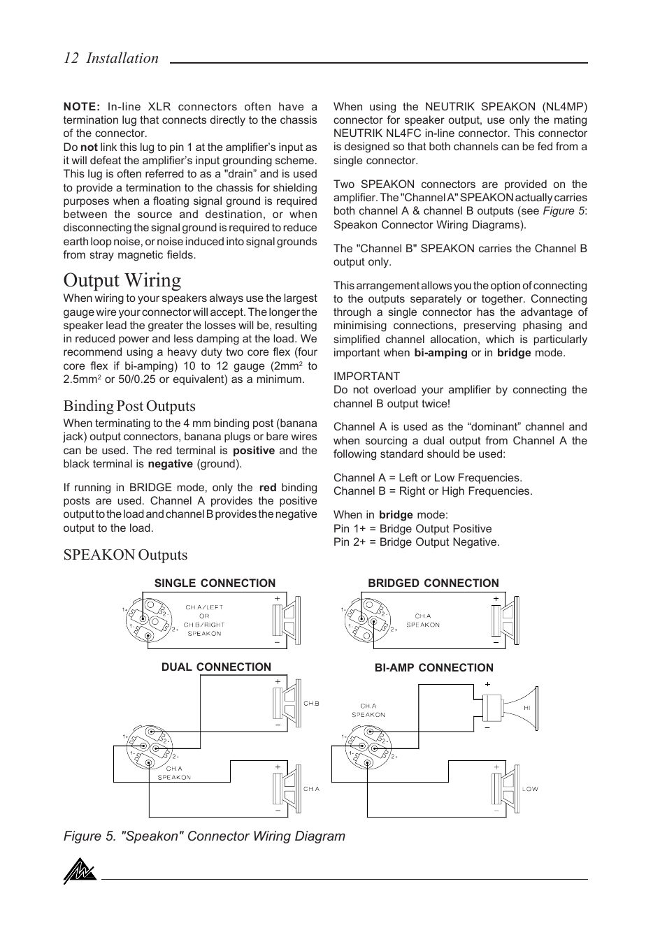 Output wiring, Binding post outputs, Speakon outputs 12 installation | Australian Monitor KA1500 User Manual | Page 12 / 20