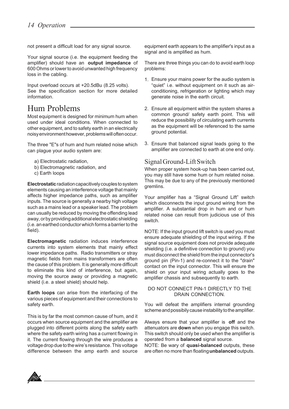 Hum problems, Signal ground-lift switch, 14 operation | Australian Monitor KA1500 User Manual | Page 14 / 20