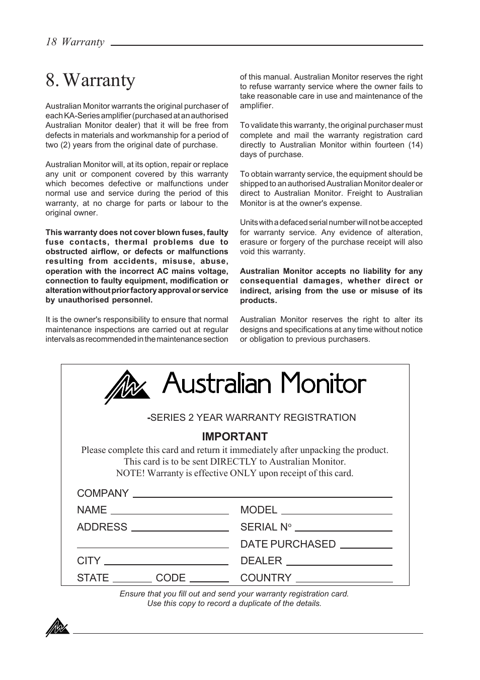 Warranty | Australian Monitor KA1500 User Manual | Page 18 / 20