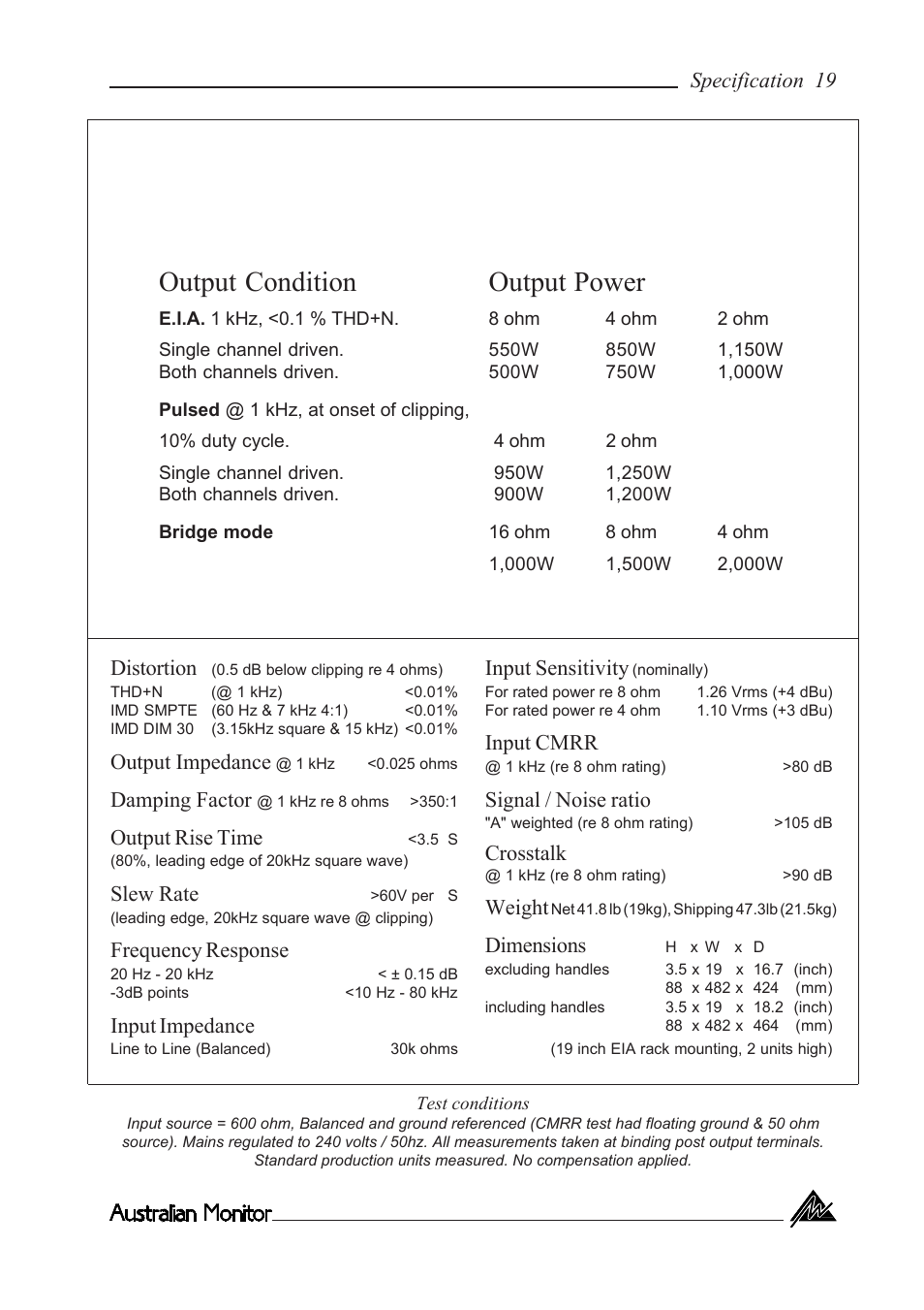 Ka1500 specifications, Output condition output power | Australian Monitor KA1500 User Manual | Page 19 / 20