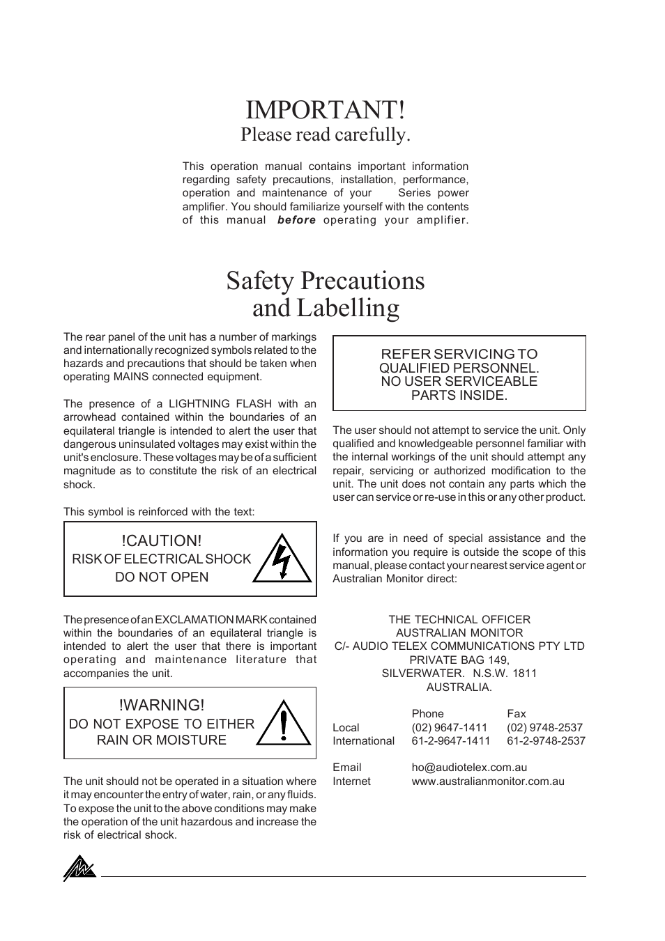Important, Safety precautions and labelling, Please read carefully | Australian Monitor KA1500 User Manual | Page 2 / 20